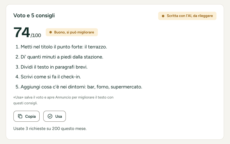 Annunci: il voto all'annuncio, 74 su 100, con i consigli (dati inventati)