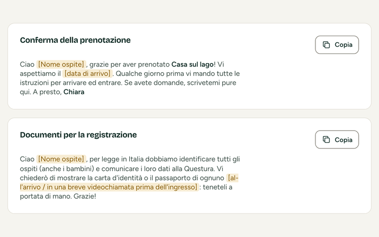 Ospiti: i messaggi pronti da copiare, come la conferma della prenotazione e i documenti per la registrazione (dati inventati)